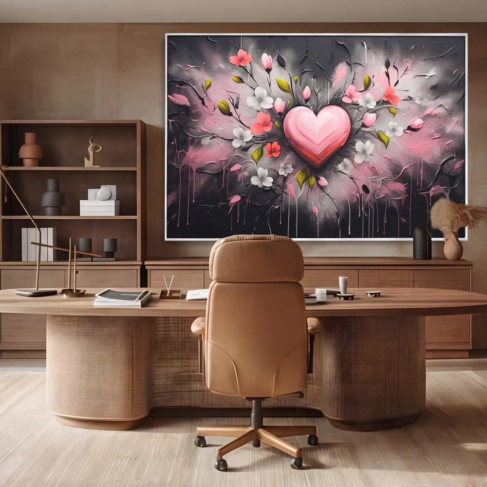 Tablou canvas cu tablou canvas cu inima roz si flori, in rama de aluminiu argintiu, pe perete intr-un birou